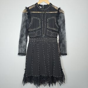 OOLALA Black Lace Studded Ruffled Dress Mini Midi Long Sleeves Whimsigoth Lrg